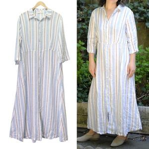 CP Shades Michelle Dress Size Medium Linen Stripe Button Front Maxi Made in USA